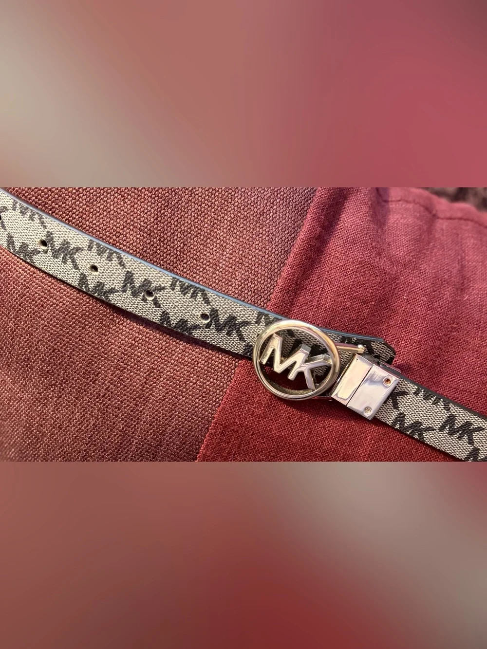 Michael Kors Gray Monogram Logo Slim Belt with MK Circle Buckle